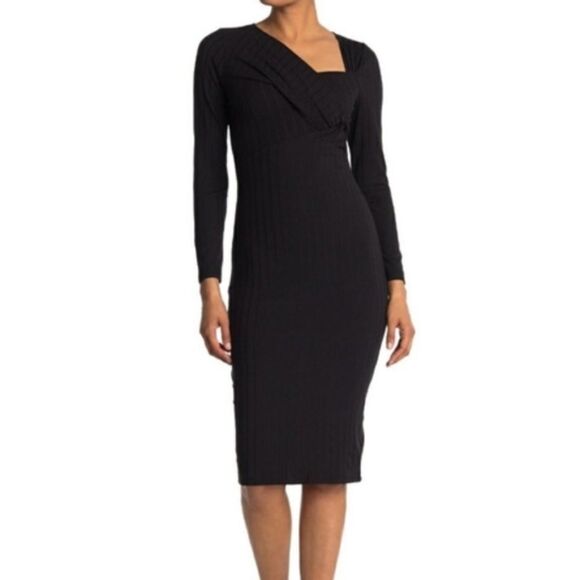 Astr The Label Black Ribbed Knit Long Sleeve Midi Dress Asymmetric Neckline Sz S - Picture 1 of 8